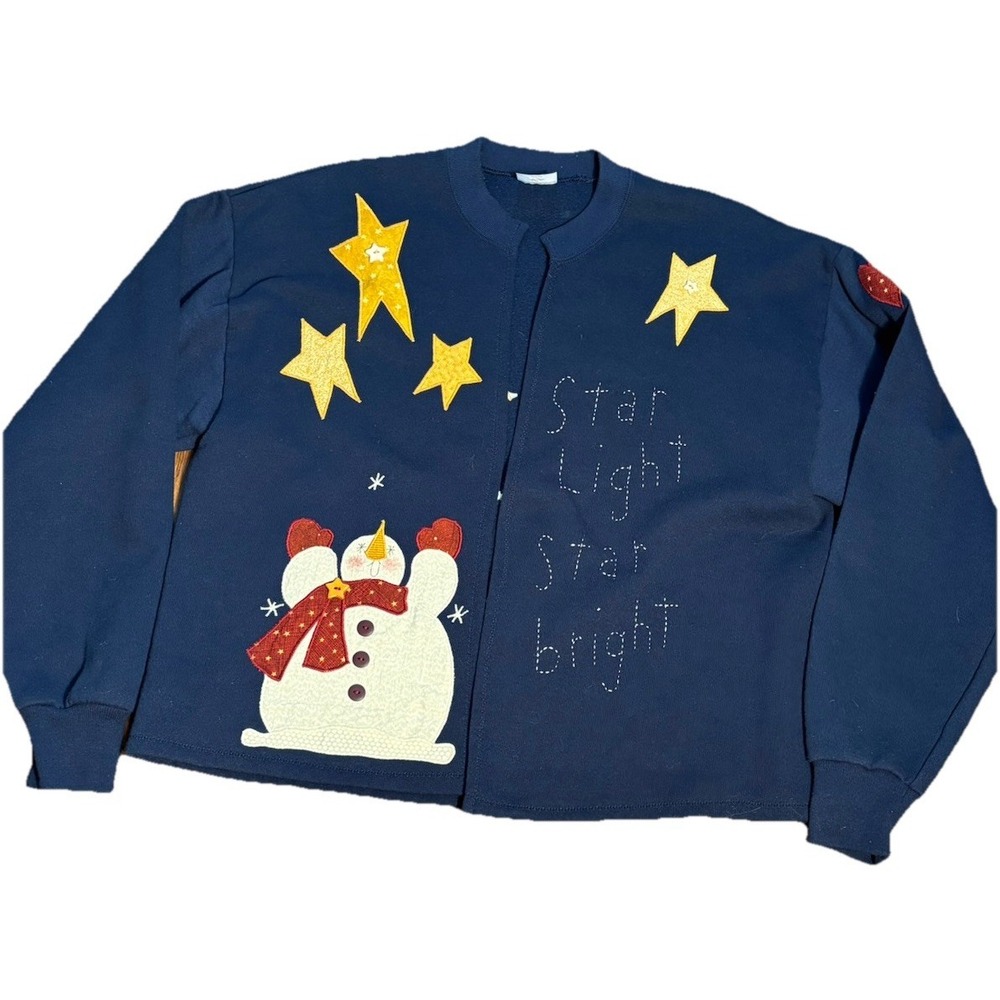 Women's Navy Blue  Large Fleece Snowman Cardigan Handmade Appliqué Embroidery